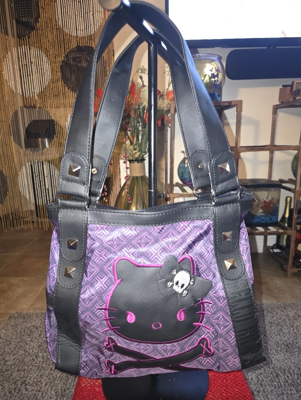 Purple/Black/Pink Skull Kitty Tote Bag with Studded Straps - Picture 11 of 15